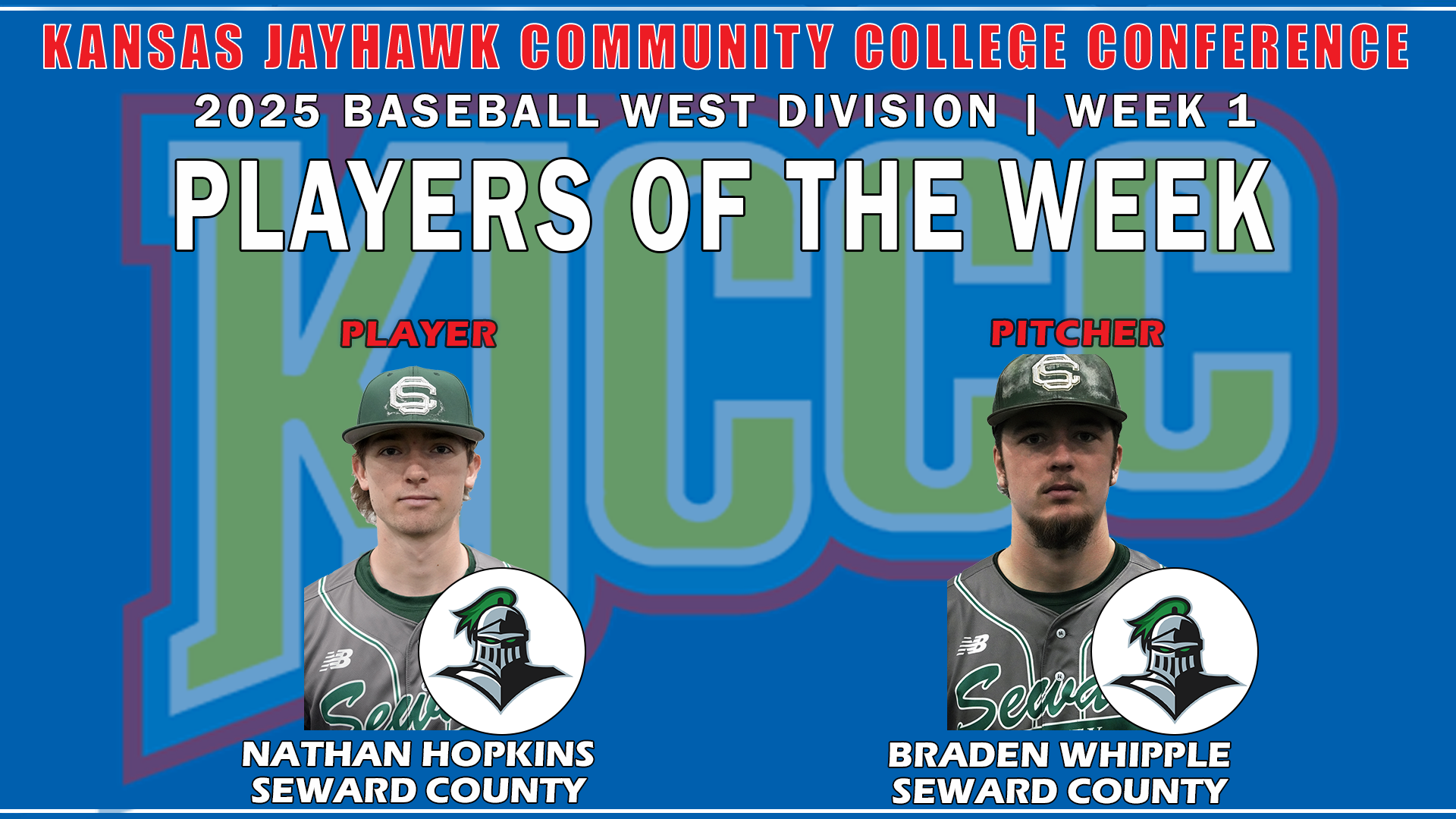 Hopkins, Whipple earn KJCCC baseball honors with Player of Week Awards in the West Division