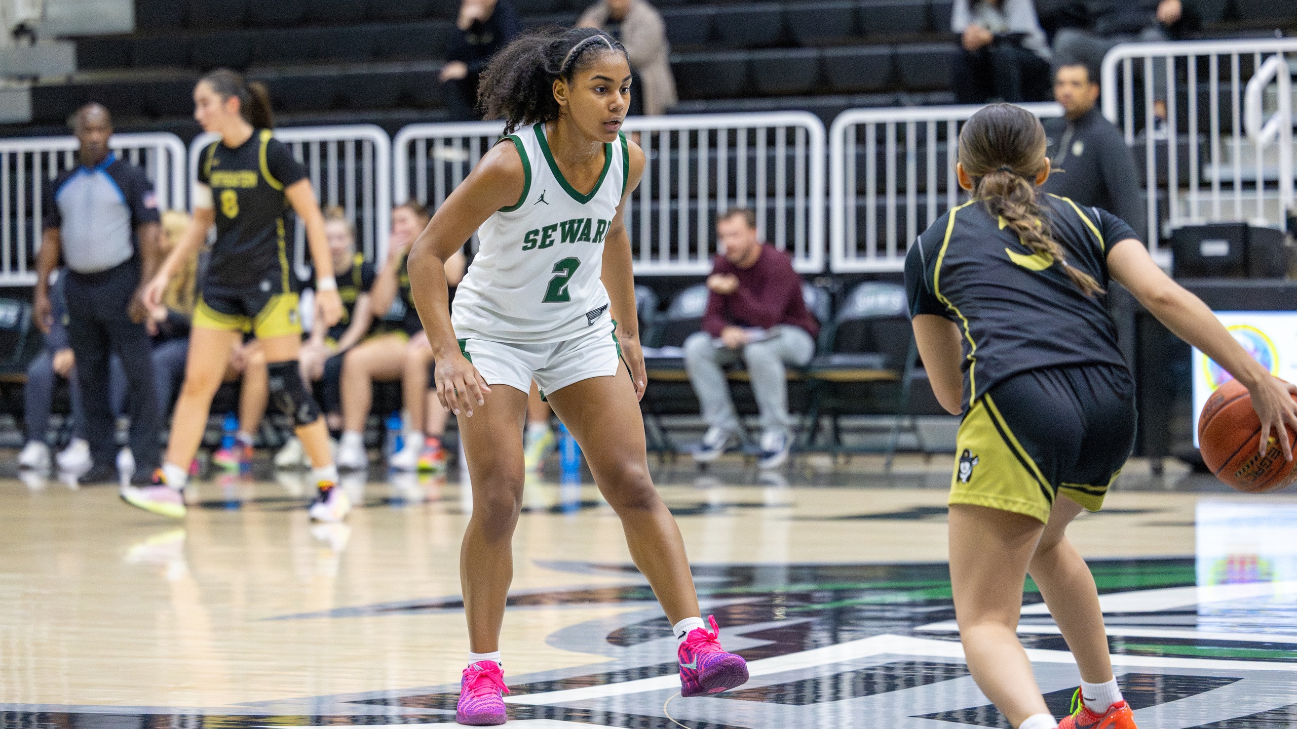 Redshirt freshman guard Kimora Fagan plays defense in the Lady Saints 78-38 win over Northeastern JC on Day 2 of the Seward Classic Sunday